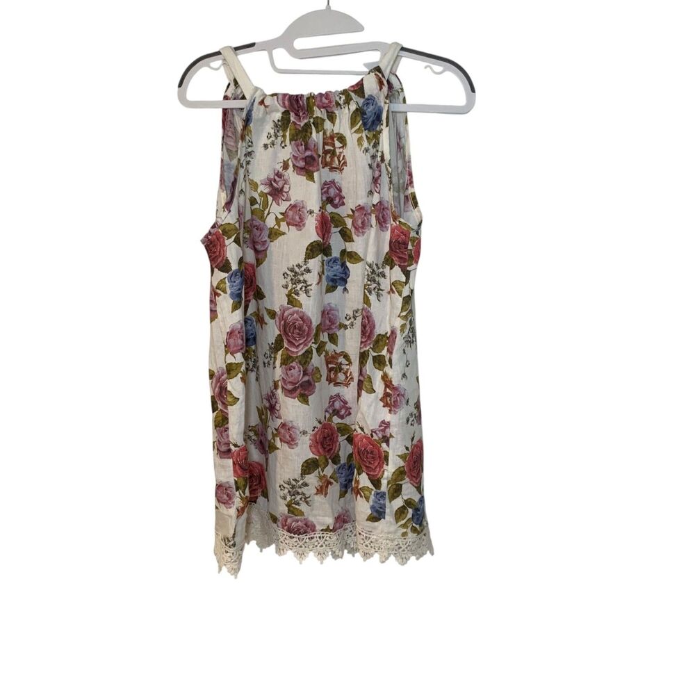 Bellambia Womens Floral Linen Boho Cottage Tunic Top M Crochet Lace Trim Resort